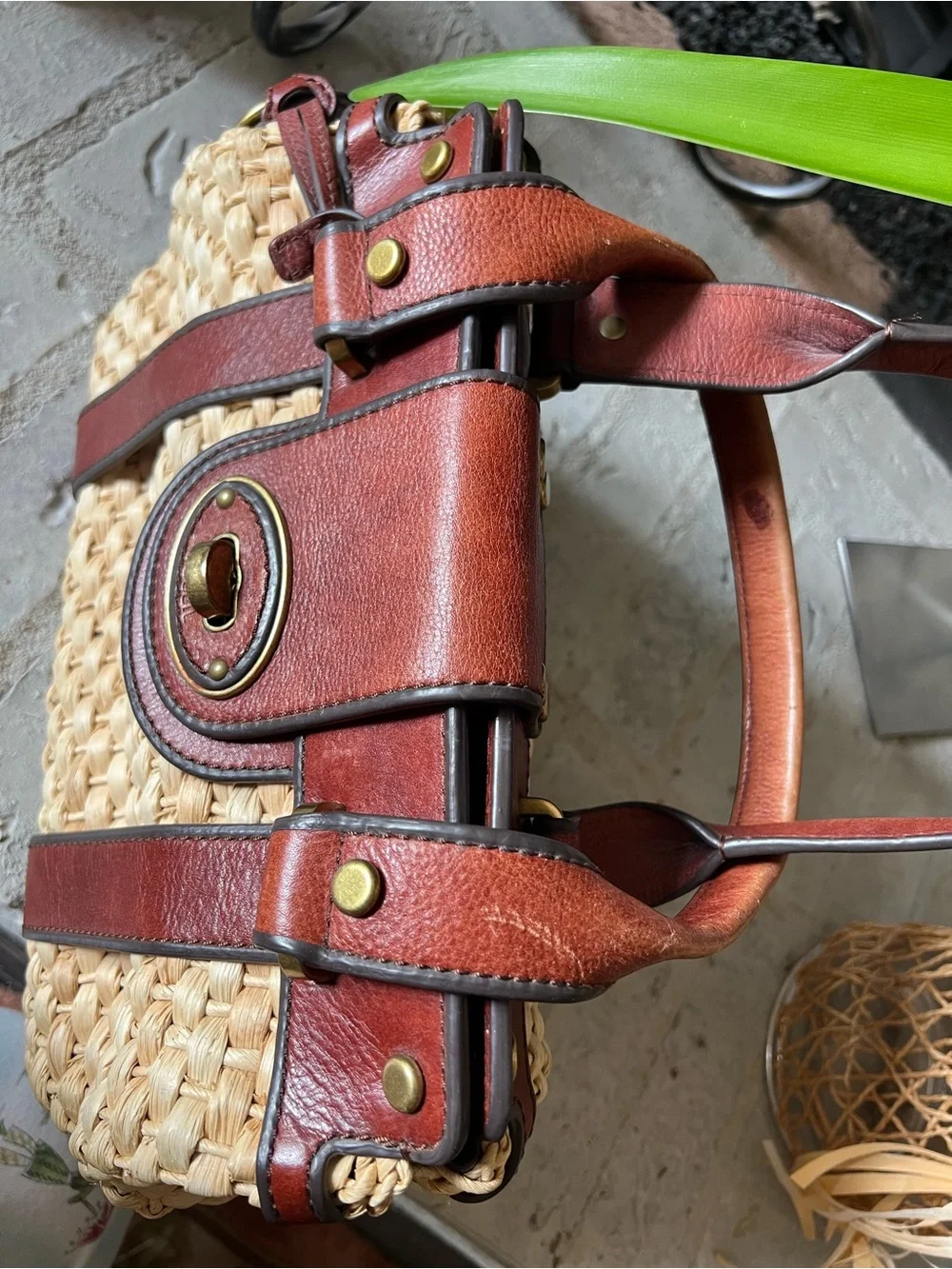 Fossil RARE Vintage Reissue Straw Basketweave Leather Satchel Bag